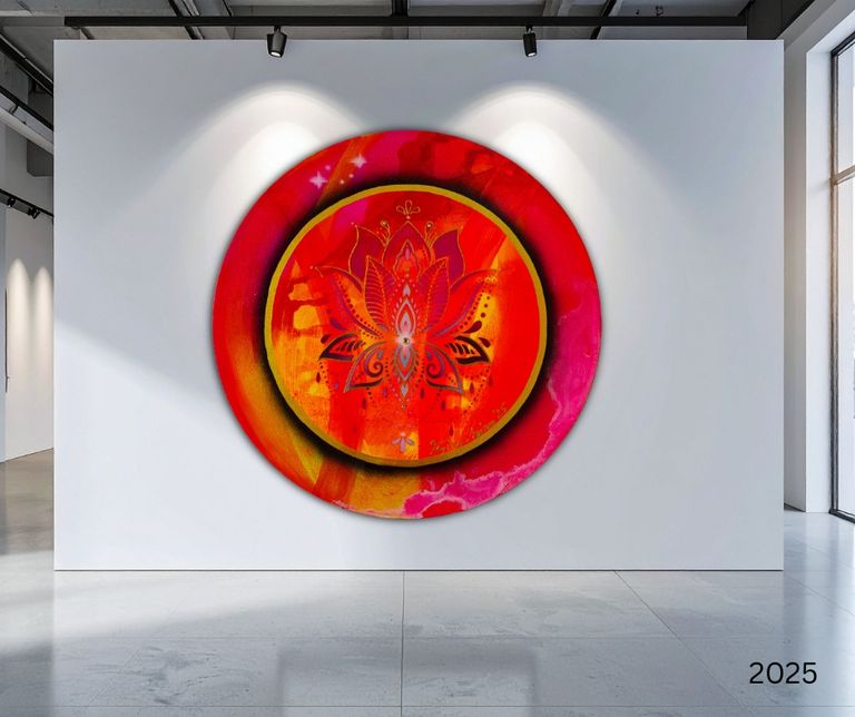 Abstraktes rundes Kunstwerk mit leuchtenden roten, orange und pinken Farben an einer weißen Wand in einer modernen Galerie.